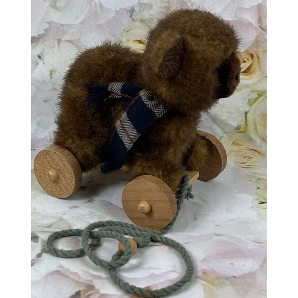 Brown Bear Wooden Wagon APPLAUSE Plush Wheels PULL Toy Vtg 1986 Stuffed Animal